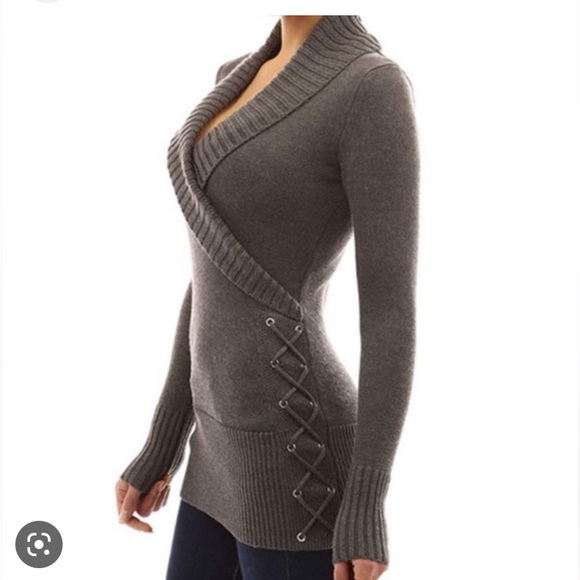 Venus side lace-up shawl collar sweater tunic green or gray in separate listing - Picture 2 of 5